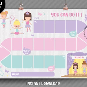 May include: A printable reward chart with a pink and blue color scheme. The chart features a ballerina theme with illustrations of ballerinas and a stage. The chart has a title "You Can Do It!" and includes motivational phrases like "You Are Doing Great" and "You Did It!"