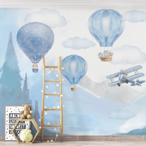 Carta da parati con mongolfiere, aeroplano blu, murale, cameretta per bambini, decorazione per cameretta, cielo avventuroso, rimovibile, stacca e attacca, dimensioni personalizzate, MAGIC BLUE BALLOON