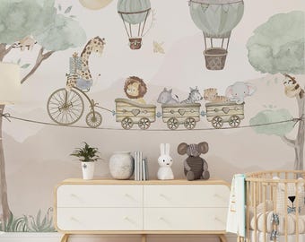 Watercolor Safari Animals Train Wallpaper Mural, Kids Nursery Decor, Painted Jungle Train Boys Room
