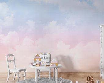 Pastel Gradient Sky Clouds Wallpaper Mural, Nursery Decor Peel and Stick Wall Art