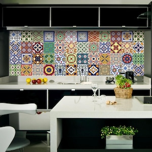 MEXICAN TILES Wallpaper Custom Size Kitchen Wall Mural Removable Decor Wall Decal Colorful Tile Adhesive Geometric Peel and Stick Decor