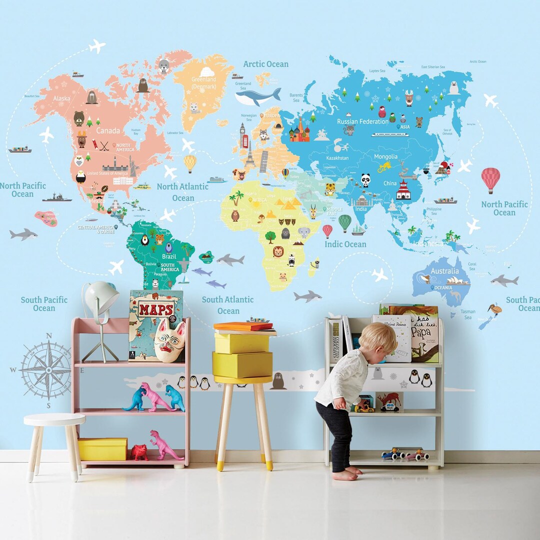 Kids world map wallpaper mural educational peel and stick decor etsy