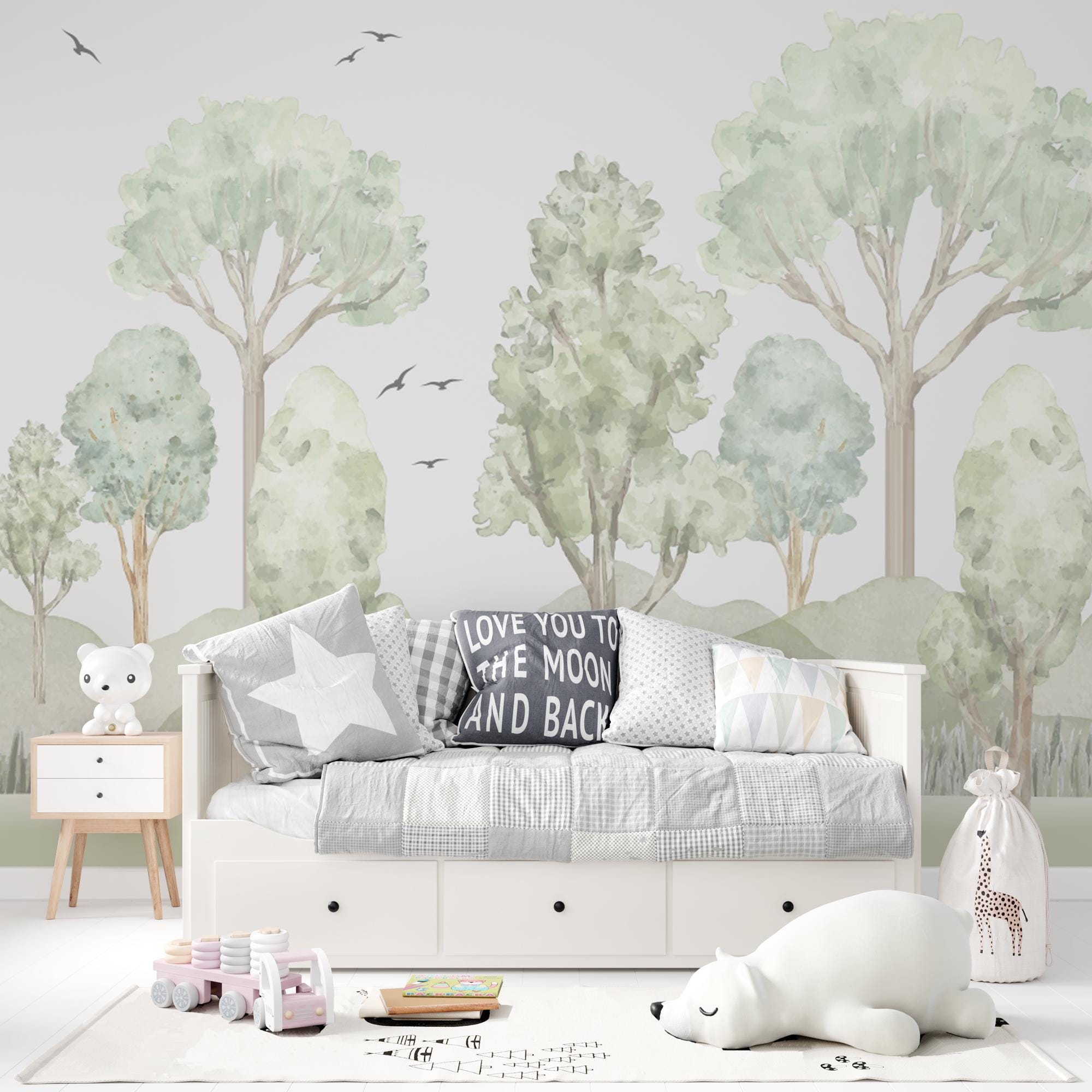 Watercolor FOREST Nursery Wallpaper Mural Peel and Stick Kids Wall Art ...