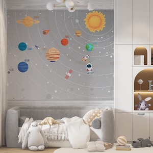 Carta da parati con sistema solare, dimensioni personalizzate, per bambini, pianeti, galassia, stacca e attacca, murale con astronauta, spazio, per bambini, viaggio galattico grigio