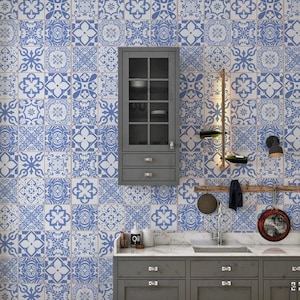 Blue Portuguese Tile Wallpaper Kitchen Tile Decal Wall Bathroom Custom Size Removable Peel Stick Tiles Sticker Vintage Lisbon Decor MOROCCAN