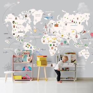 Kids Wallpaper Peel and Stick Custom Size Childrens Map Wall Decal Educational World Map Wall Art Nursery Room Political Map FANTASTIC WORLD