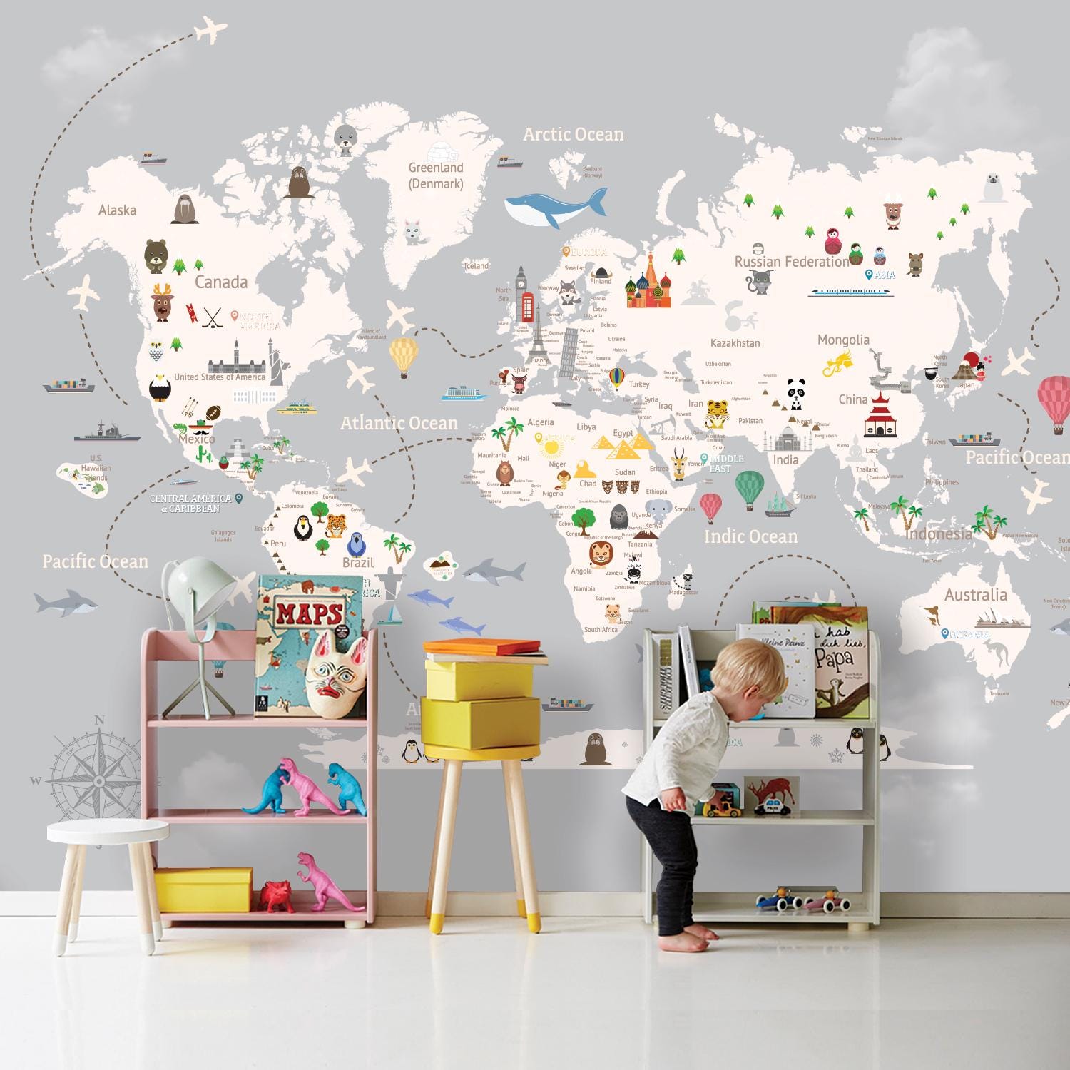 Kids World Map Wallpaper Mural: Peel and Stick Nursery Wall Decal - Etsy
