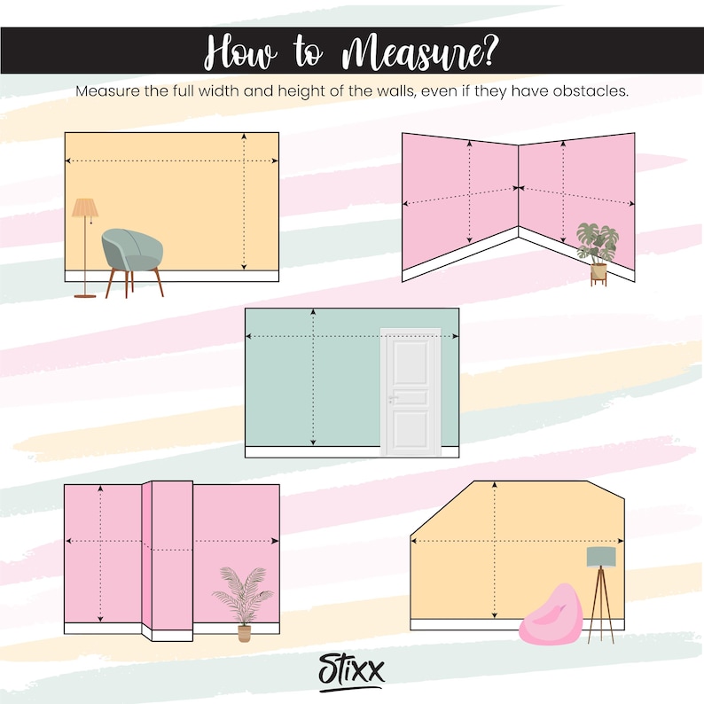 May include: Illustration showing how to measure the width and height of walls, even if there are obstacles like furniture or doors. The illustration shows four different scenarios with various obstacles.
