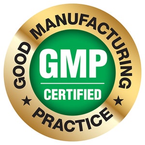 May include: A gold-colored circular emblem with the words "GOOD MANUFACTURING PRACTICE" in black around the outer edge. The center features a green circle with the letters "GMP" in white and the word "CERTIFIED" below. Two black stars are on the emblem.