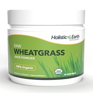 May include: A white plastic container of Holistic Earth Raw Wheatgrass Juice Powder. The label is green with white text that reads "RAW WHEATGRASS JUICE POWDER" and "100% Organic". The container also has the USDA Organic seal and states "90 Servings".