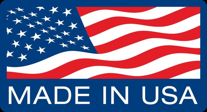 May include: A rectangular graphic with the text "MADE IN USA" in white letters on a dark blue background. Above the text is a depiction of the American flag, with red and white stripes and a field of blue with white stars.