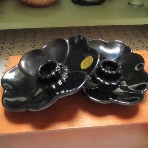 Frankoma Pottery Candlestick Holders. Number 300. Black Glaze. USA Set. Frankoma Dogwood Candlestick Holders.,  Black Ceramic Candleholders