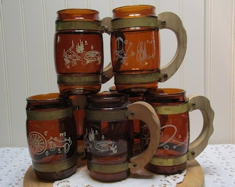 Vintage, Siesta Ware, Amber Colored Glass, Cowboy Barrel Mugs with Wooden Handles, Set of 7, Western Party, Cowboy/Cowgirl Theme