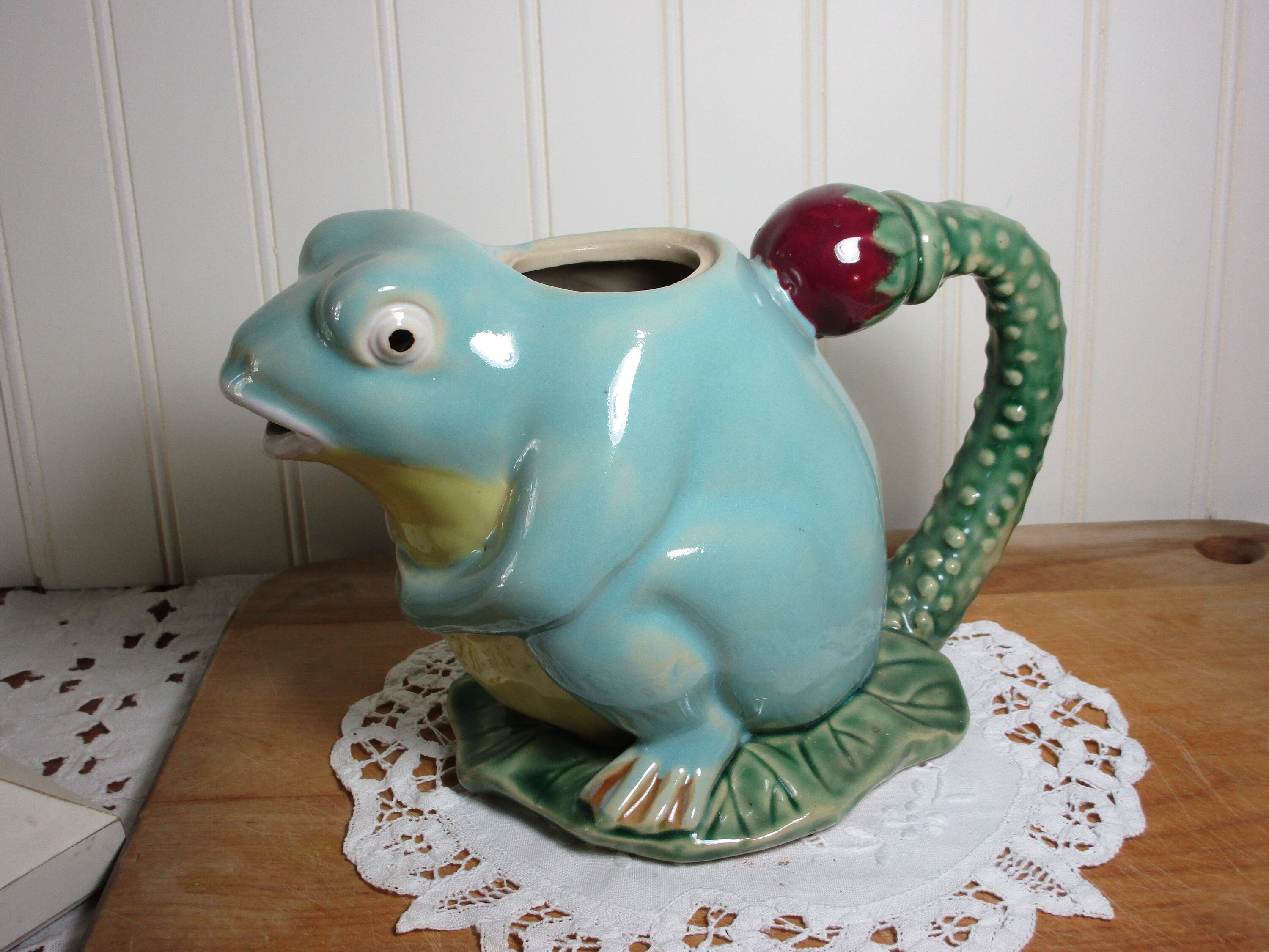 Majolica Frog Large Tea Pot Pitcher Vintage Henriksen Imports Etsy