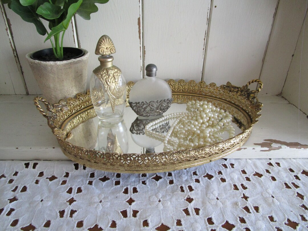 Vintage Oval Mirror Tray With Rope Ties Brass Metal Floral Etsy