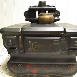 Vintage McCoy Pottery Black Cast Iron Stove Hand Painted Deco Cookie Jar Circa 1950&#39;s, Mid Century Kitchen,Country Decor