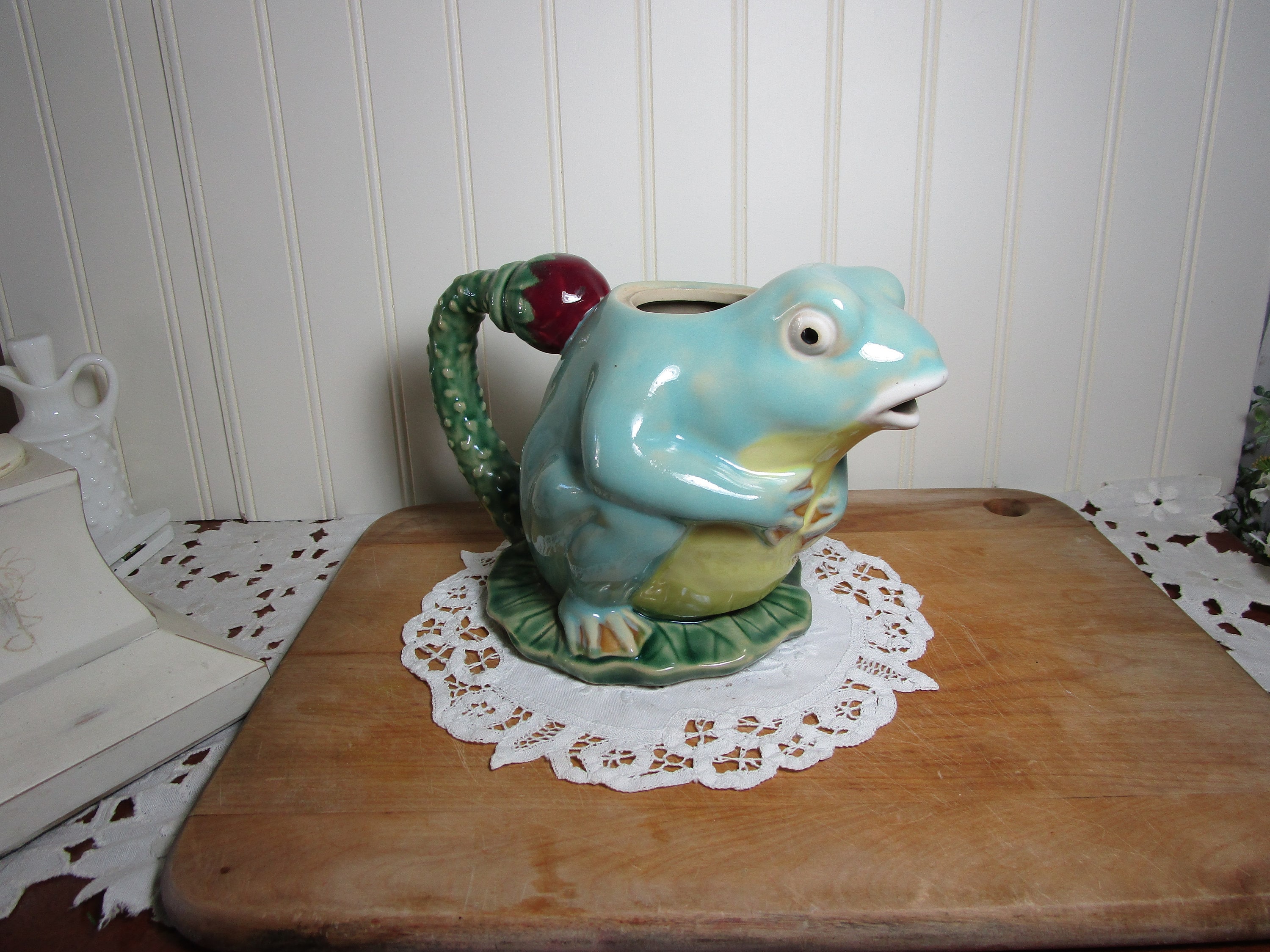 Majolica Frog Large Tea Pot Pitcher Vintage Henriksen Imports Etsy
