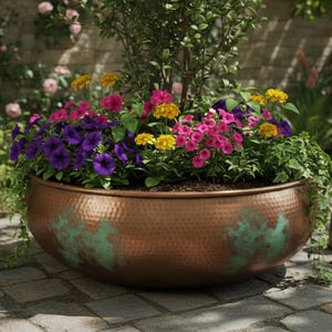 Hammered Copper Bowl Planter, Rustic Green Patina Garden Decor