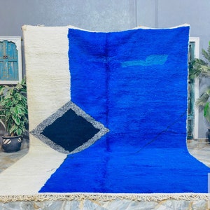 Blue and White Beni Ourain Rug: Moroccan Wool Berber Carpet, 10ft x 13.2ft