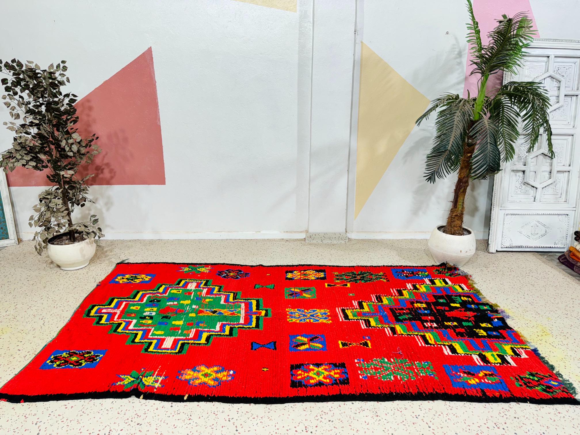 赤いヴィンテージ モロッコ ベルベルラグ：ハンドメイド ウール