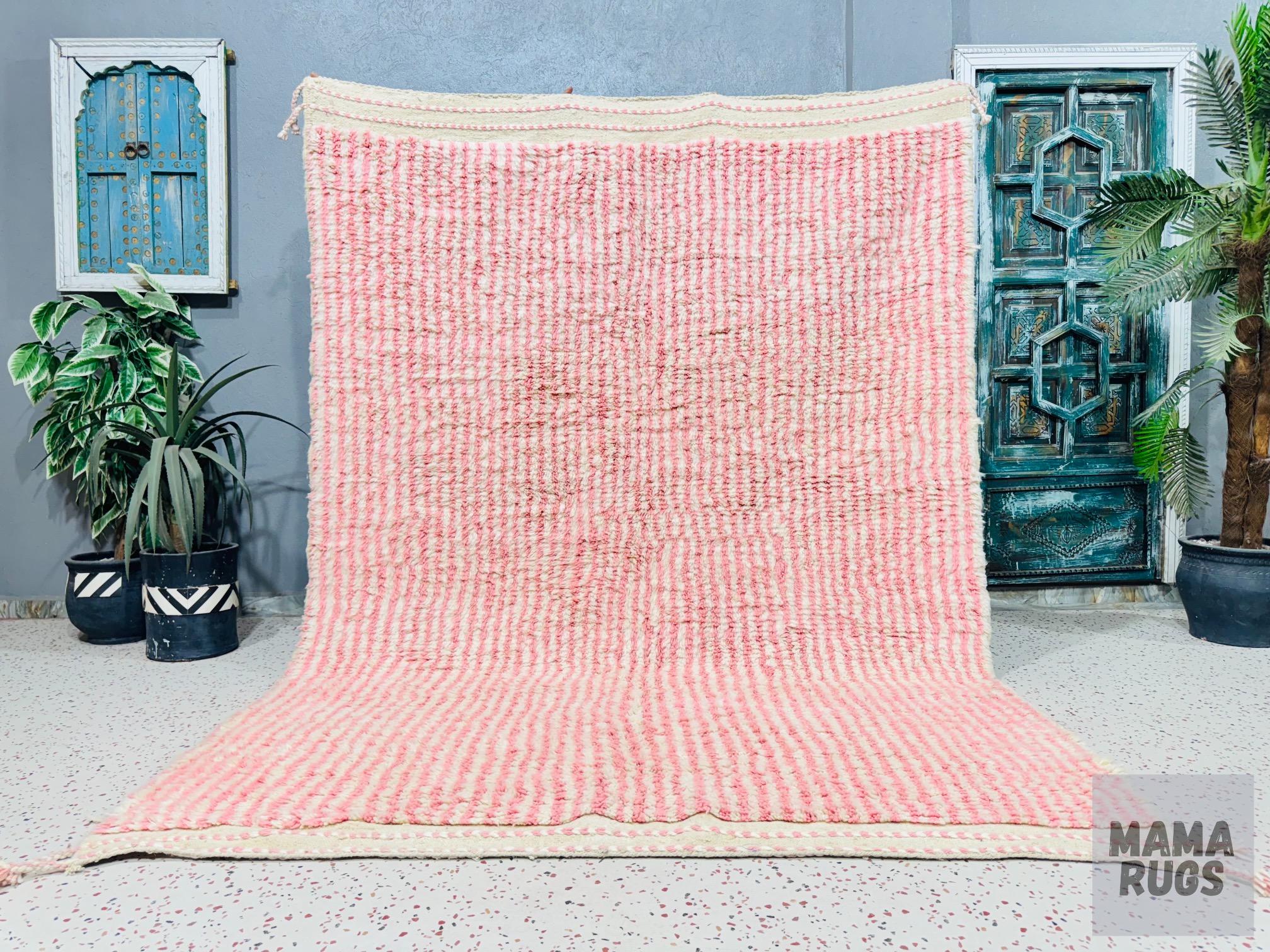 Handwoven Beni Ourain Rug: White & Pink Moroccan Wool Carpet
