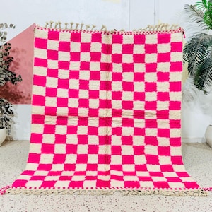 Checkered Moroccan Rug, Pink Beni Ourain Rug, Handmade Moroccan Rug, Abstract Wool Rug, White And Pink Rug, Area Rug, Moroccan Rug