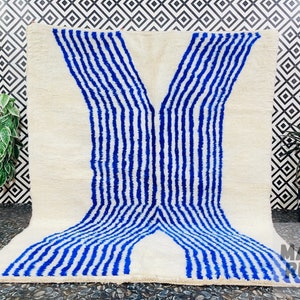 FINE MORROCAN RUG, Beni Ourain Rug, Handmade Rug, White And Blue Rug, Moroccan Rug, Custom Rug, Striped Blue Rug, Handwoven Rug Blue