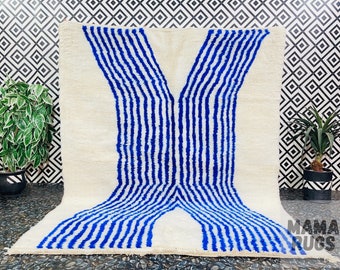 Handwoven Beni Ourain Rug: White & Blue Striped Moroccan Rug