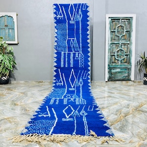 LONG BLUE RUNNER, Handmade Beni Ourain Runner, Berber blue Runner, Authentic Morocco Runner Blue
