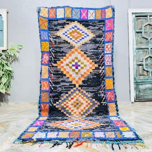 Vintage Moroccan Boucharouite Rug: Handmade Berber Fabric Carpet (4.4ft x 9.1ft)