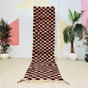 Handmade Wool Checkered Runner Rug: Moroccan Berber Design (3.1ft x 13ft)