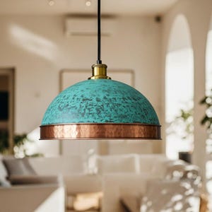Handmade Dome Copper Pendant Light With Green Patina Finish, Rustic Dome Ceiling Lamp, Vintage Industrial Lighting For Kitchen Island Light