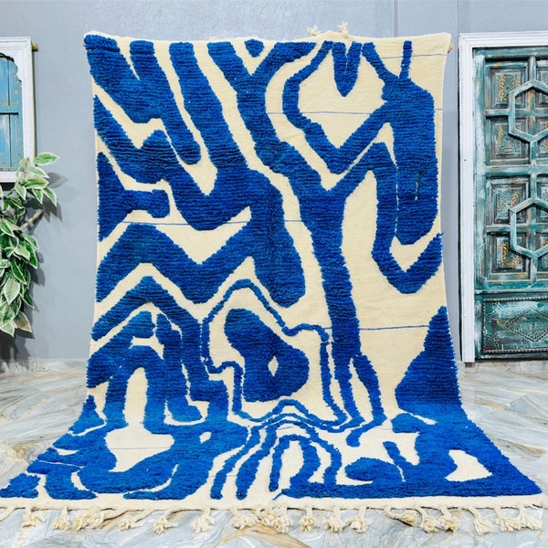 Authentique tapis Beni Ourain, tapis tissé main, tapis bleu, tapis marocain, tapis en laine véritable, grand tapis