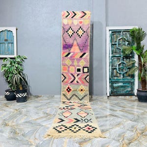 Handmade Moroccan Wool Runner Rug: Berber Tribal Design, 2.7ft x 19.5ft