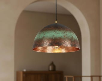 Lámpara colgante tipo domo - Lámpara colgante marroquí hecha a mano - Lámpara industrial para isla de cocina - Acabado en pátina verde