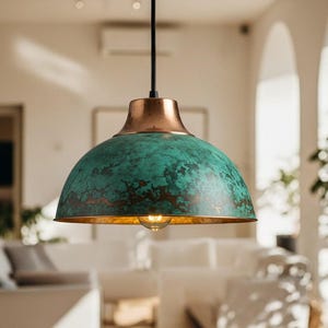Handmade Brass Dome Pendant Lamp: Green Patina Finish, Adjustable Cord