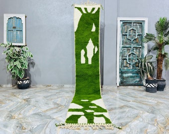 Handmade Green Beni Ourain Runner Rug: Custom Berber Wool Carpet