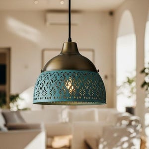 Handmade Brass Dome Pendant Lamp: Green Patina Finish, Industrial Chandelier