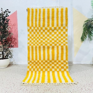 Small Checkered Rug, Yellow Moroccan Rug, Beni Ourain Rug, Handmade Rug, Abstract Yellow Rug, Bohemian Rug