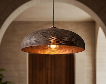 Dome Pendant Light – Patina Copper Hanging Lamp – Hammered Handmade Ceiling Light Fixture