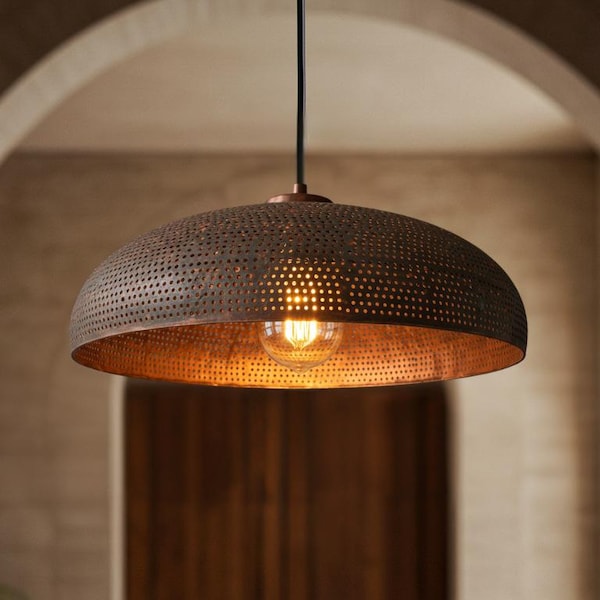 Dome Pendant Light – Patina Copper Hanging Lamp – Hammered Handmade Ceiling Light Fixture