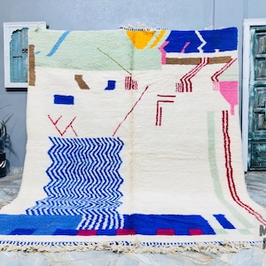 Unique Beni Ourain Rug - Abstract Moroccan Rug - Wool Carpet - Handmade Berber Rug With Colorful Contemporary Design - Custom Morrocan Rug