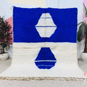 Handmade Beni Ourain Wool Rug: Blue & White Moroccan Berber Carpet (7.2ft x 9.1ft)