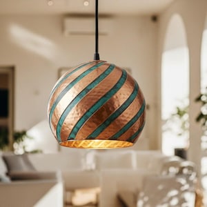 Handcrafted Brass Dome Pendant Lamp: Antique Green Patina Finish