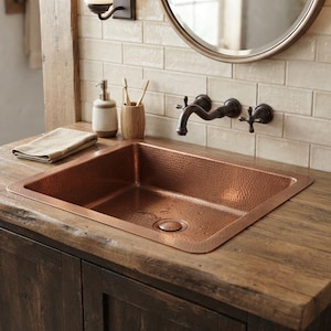 Hand-Hammered Copper Vessel Sink, Rectangular Farmhouse Bathroom Vanity Basin