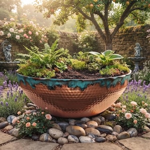 May include: A large, round, hammered copper planter bowl with a distinctive teal-coloured drip glaze along the upper rim. The bowl is filled with dark soil and a variety of green ferns and small succulent plants, resting on a stone patio surface.