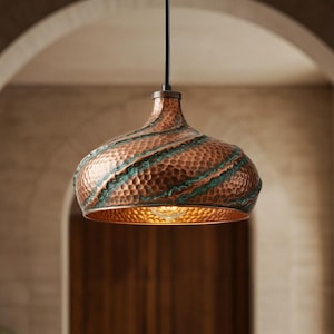 Copper Pendant Lamp , Handcrafted Hanging Light , Vintage Boho Style For Cozy , Ceiling Dome Lamp
