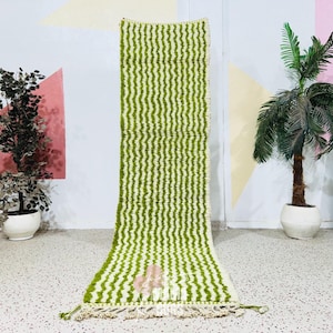 Custom Moroccan Runner Rug, Beni Ourain Runner, Long Morocco Runner, Handmade Rug, Hallway Striped Runner Light Green Wool Rug, Teppich