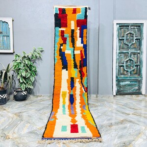 Handmade Wool Berber Runner Rug: Colorful Moroccan Tribal Carpet