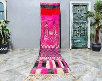 Vintage Boujaad Berber Runner Rug: Handmade Moroccan Wool, Pink